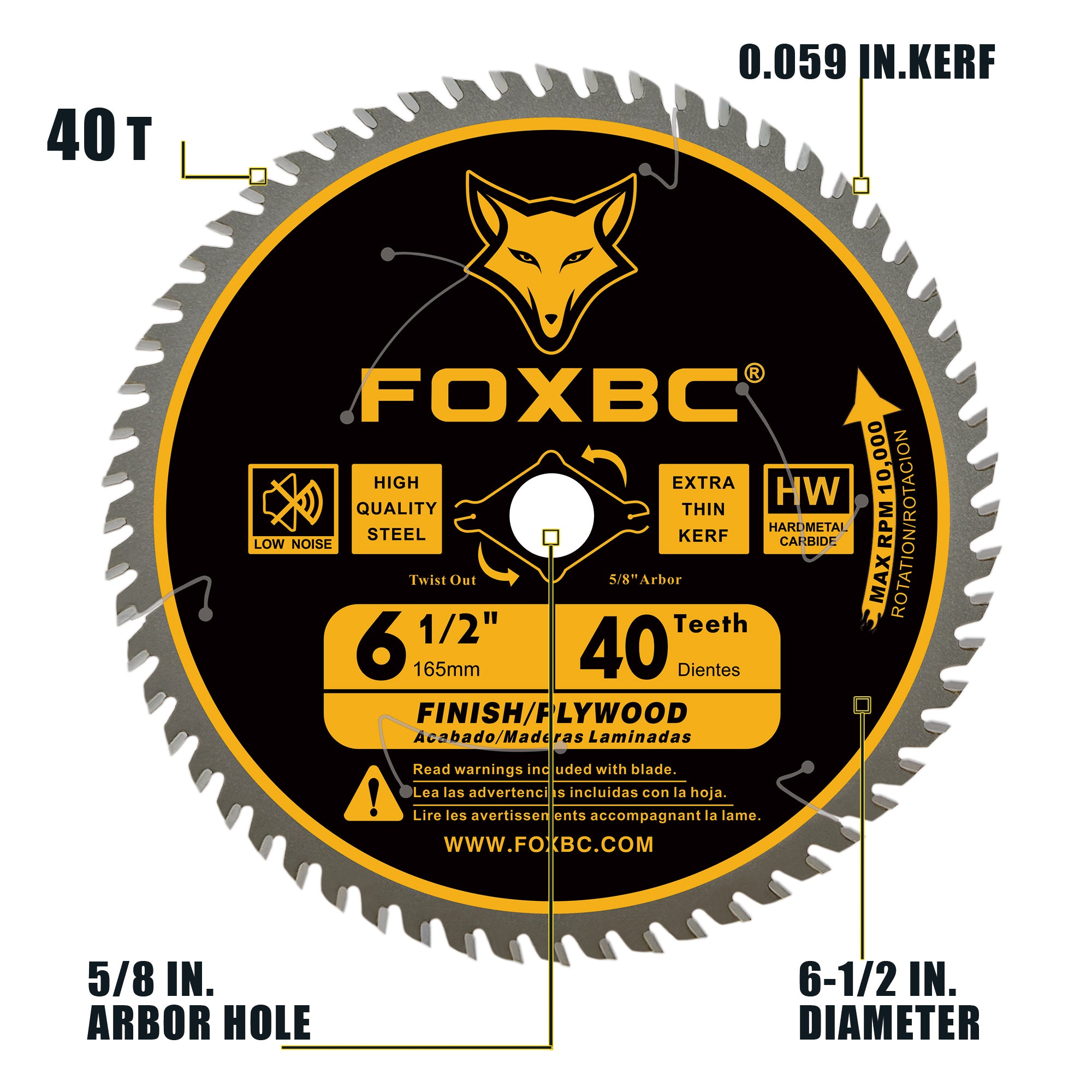 FOXBC 6-1/2 inch Circular Saw Blade Fine Finish 40-Tooth for Wood Cutting, Thin-Kerf with 5/8" Arbor