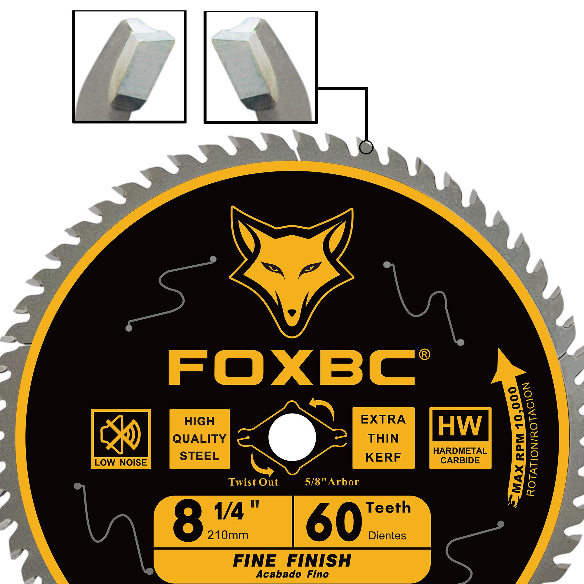 FOXBC 8-1/4 Inch Table Saw Blade 60 Tooth Fine Finish Wood Cutting with 5/8" Arbor, Diamond Knockout