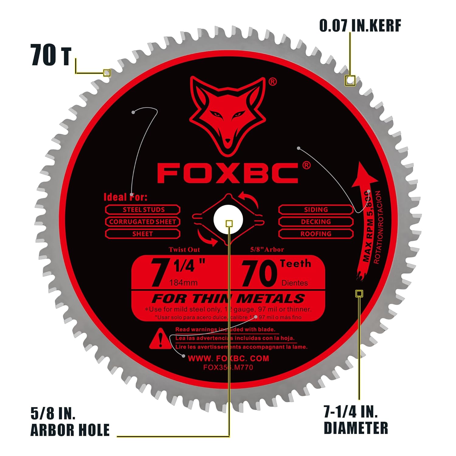 FOXBC 7-1/4 inch Circular Saw Blade Metal and Stainless Steel Cutting 70 Teeth