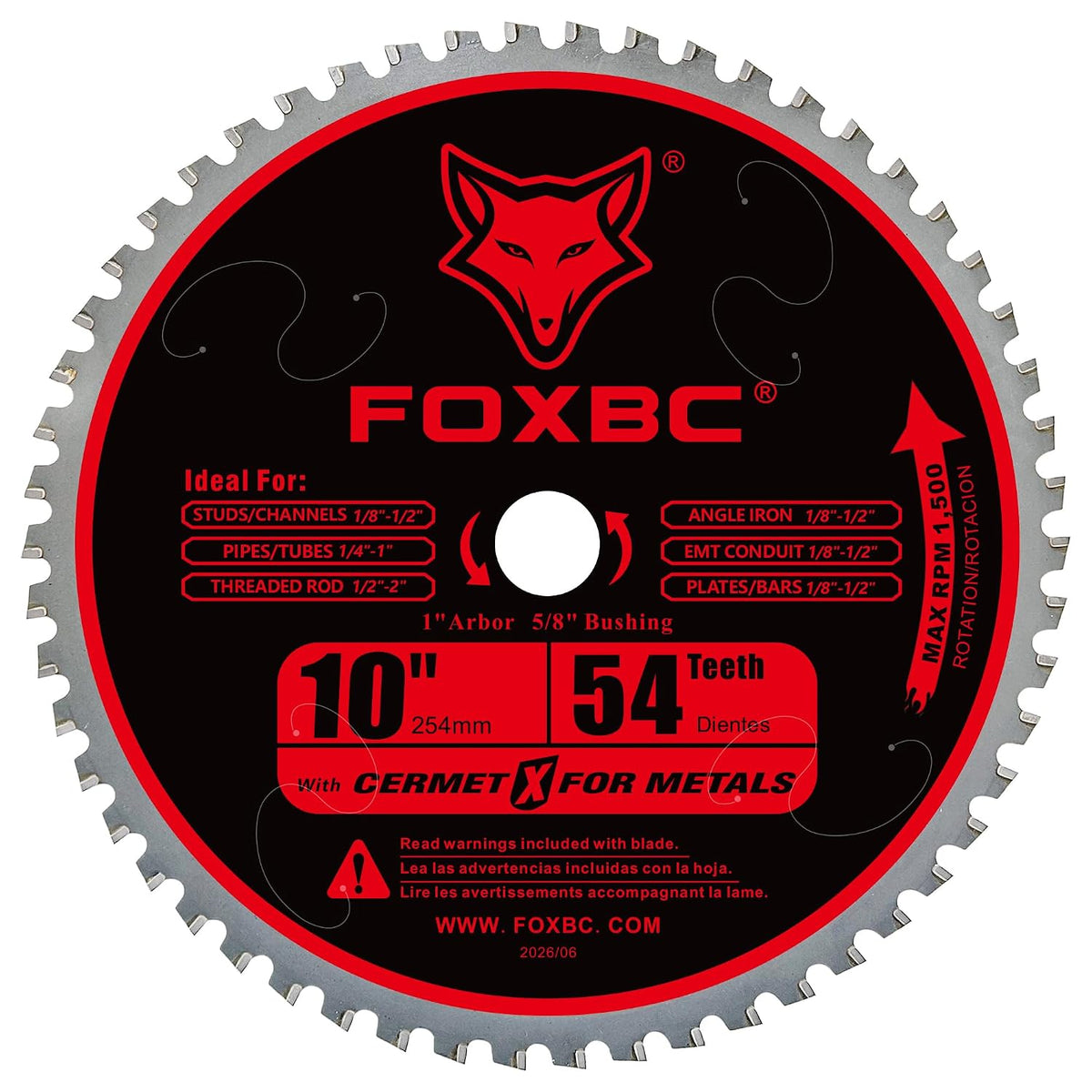 FOXBC 10 Inch Metal Steel Cutting Saw Blade, 54 Teeth, 1" Arbor 5/8" Bushing, Cermet Carbide, Up to 5X Longer Life