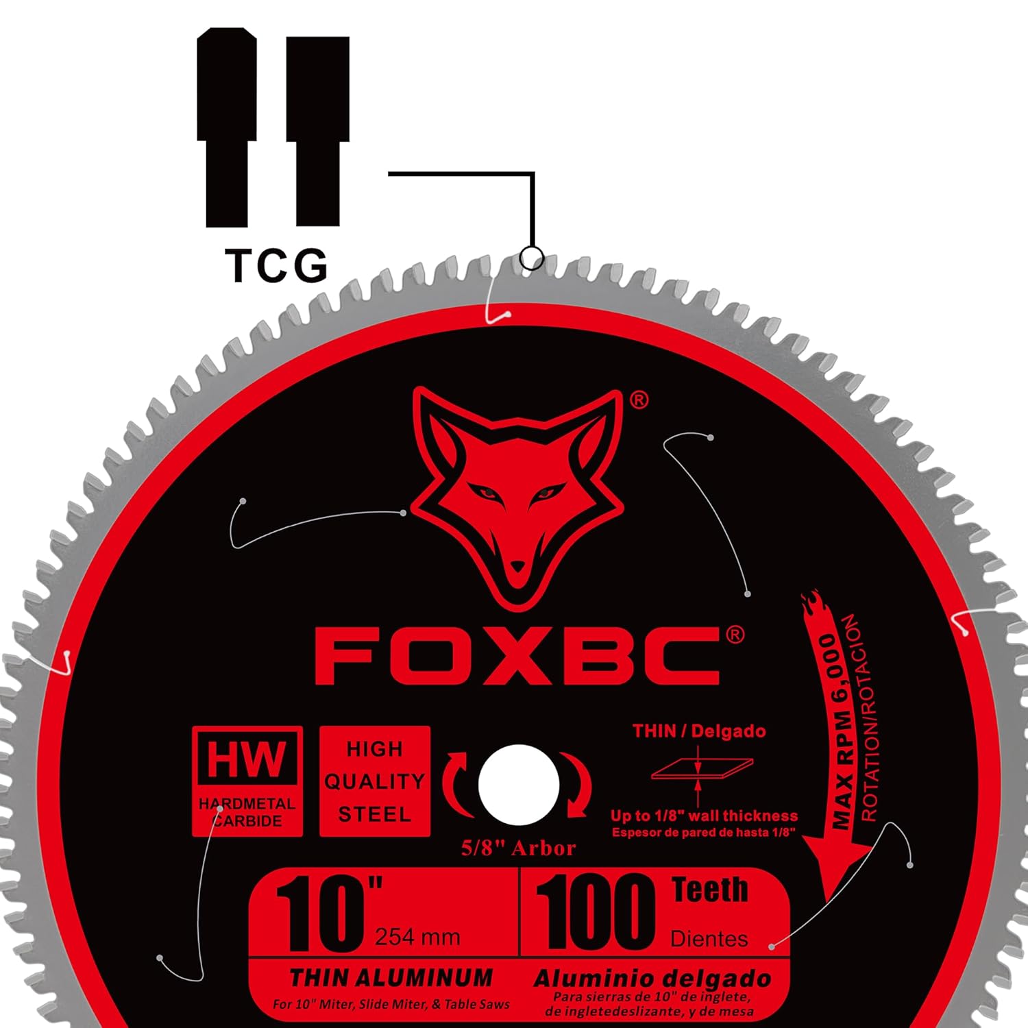 FOXBC 10-Inch Saw Blade 100-Tooth TCG for Aluminum and Non-Ferrous Metal Cutting with 5/8-Inch Arbor