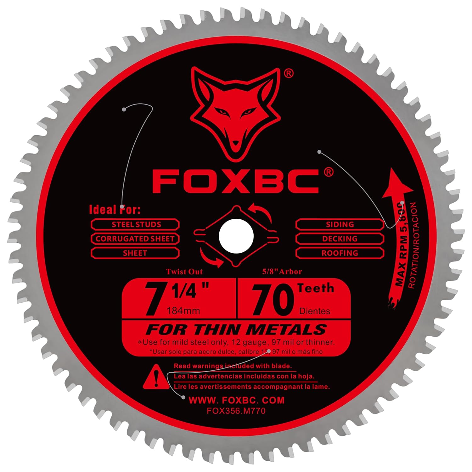 FOXBC 7-1/4 inch Circular Saw Blade Metal and Stainless Steel Cutting 70 Teeth