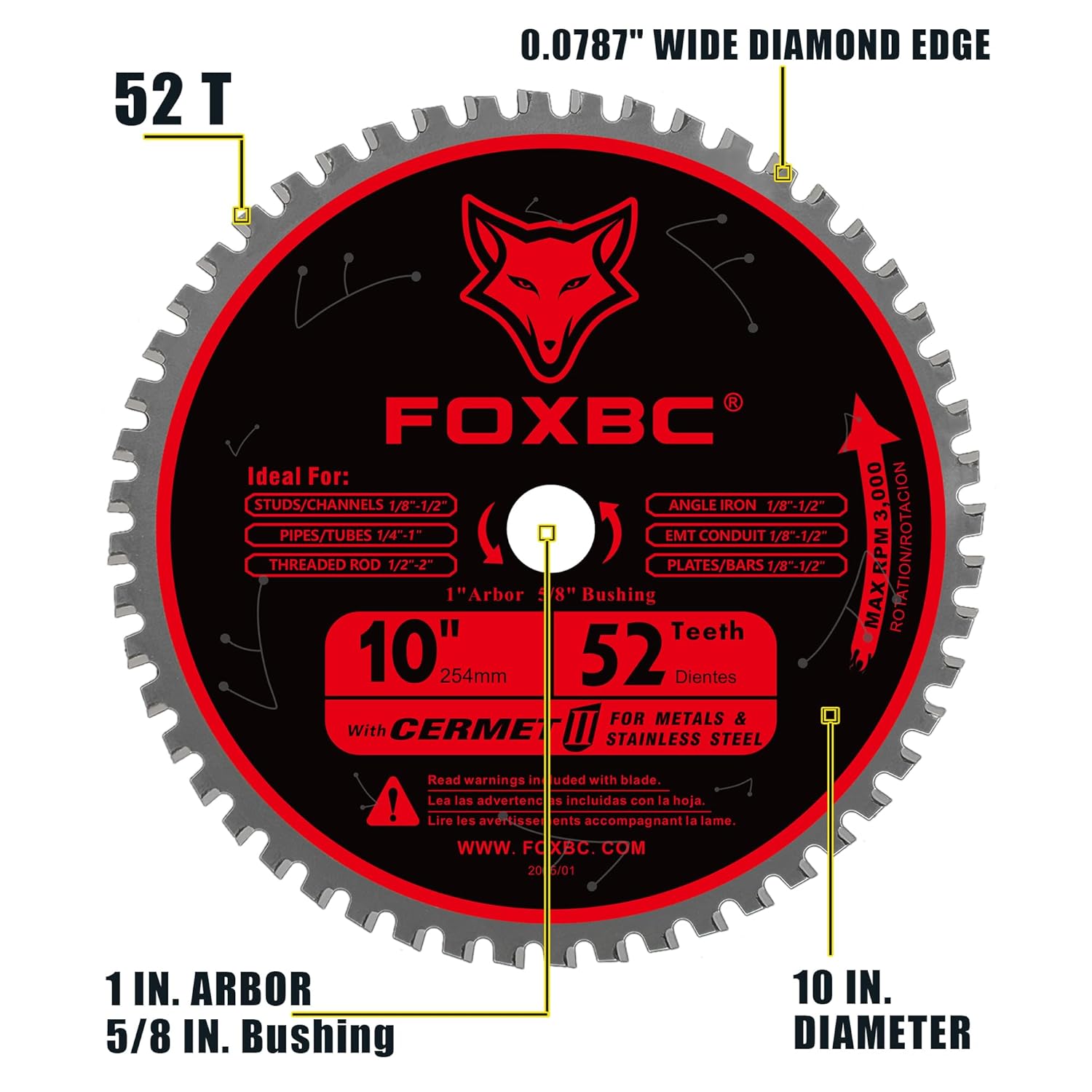 FOXBC 10 Inch Metal Steel Cutting Saw Blade 52 Teeth, 1" Arbor with 5/8" Bushing, Cermet Carbide Up to 5X Longer Life