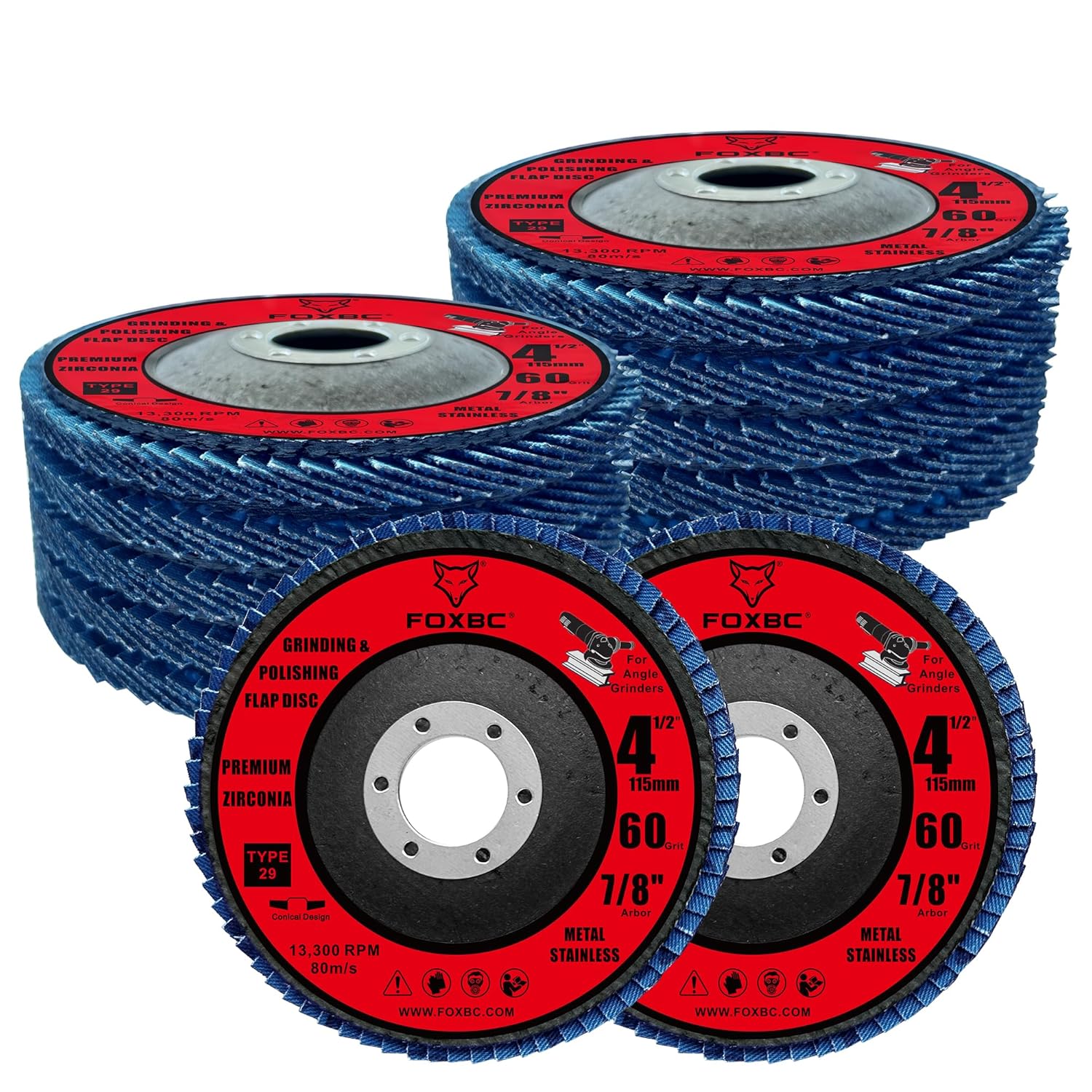 FOXBC 4-1/2 inch Flap Disc for Angle Grinder, 60 Grit, Type 29, Premium Zirconium Grinding and Polishing for Metal, 10 Pack