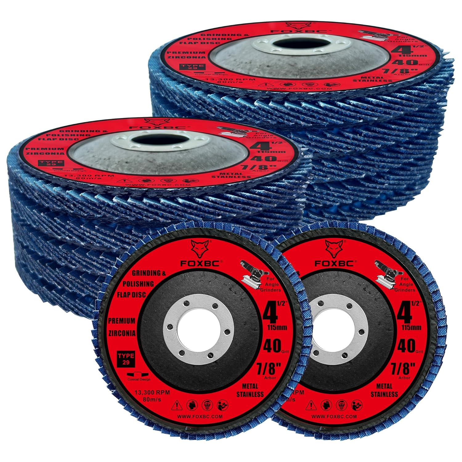 FOXBC 4-1/2 inch Flap Disc for Angle Grinder, 40 Grit, Type 29, Premium Zirconium Grinding and Polishing for Metal, 10 Pack