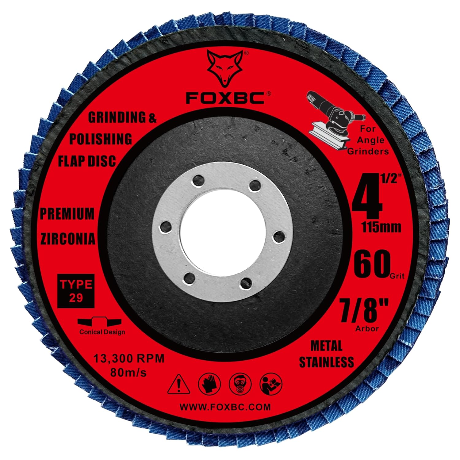 FOXBC 4-1/2 inch Flap Disc for Angle Grinder, 60 Grit, Type 29, Premium Zirconium Grinding and Polishing for Metal, 10 Pack