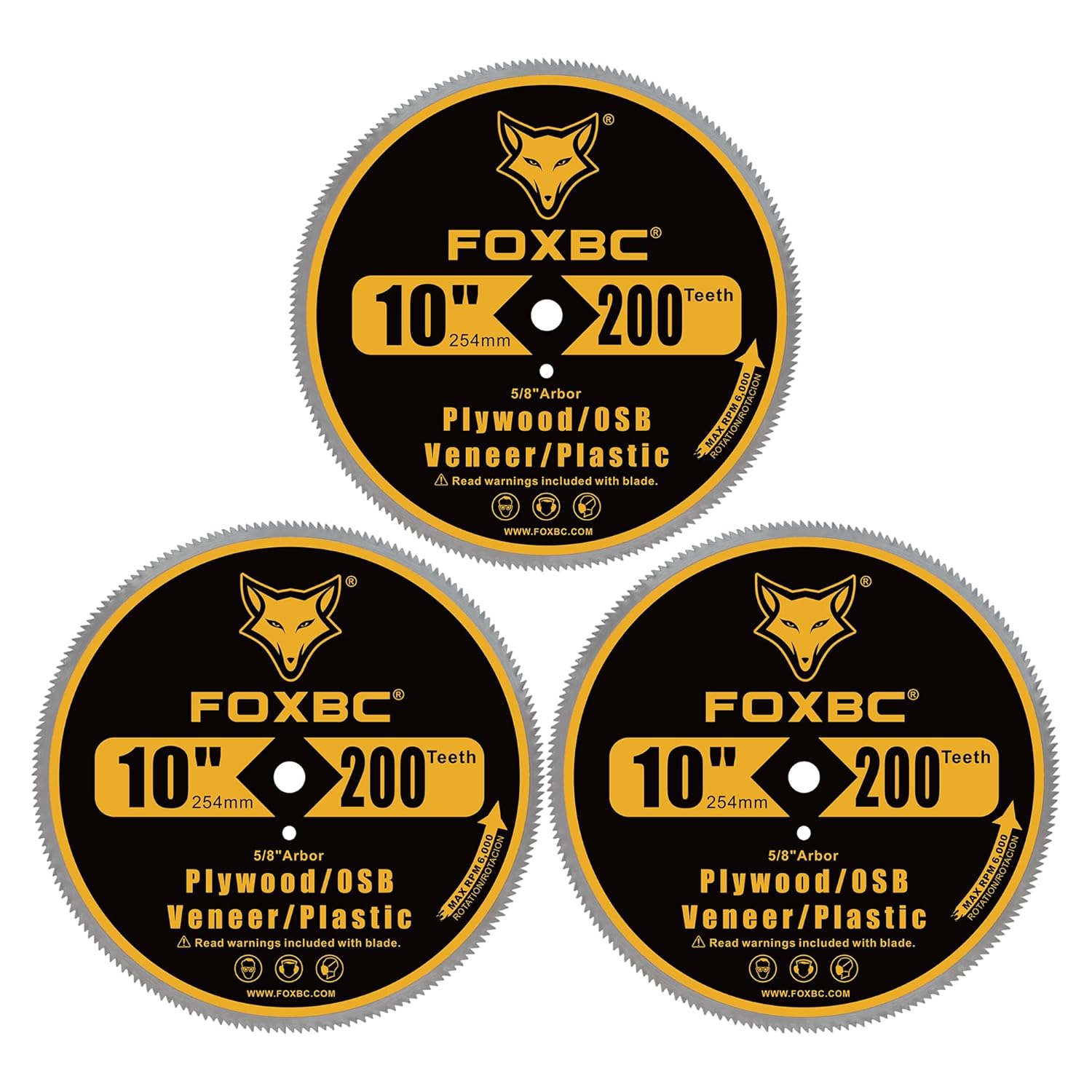 FOXBC 10 inch 200-Tooth Contractor Saw Blade for Plywood, OSB, Veneer, Plastic, Vinyl Siding with 5/8" Arbor - 3 Pack