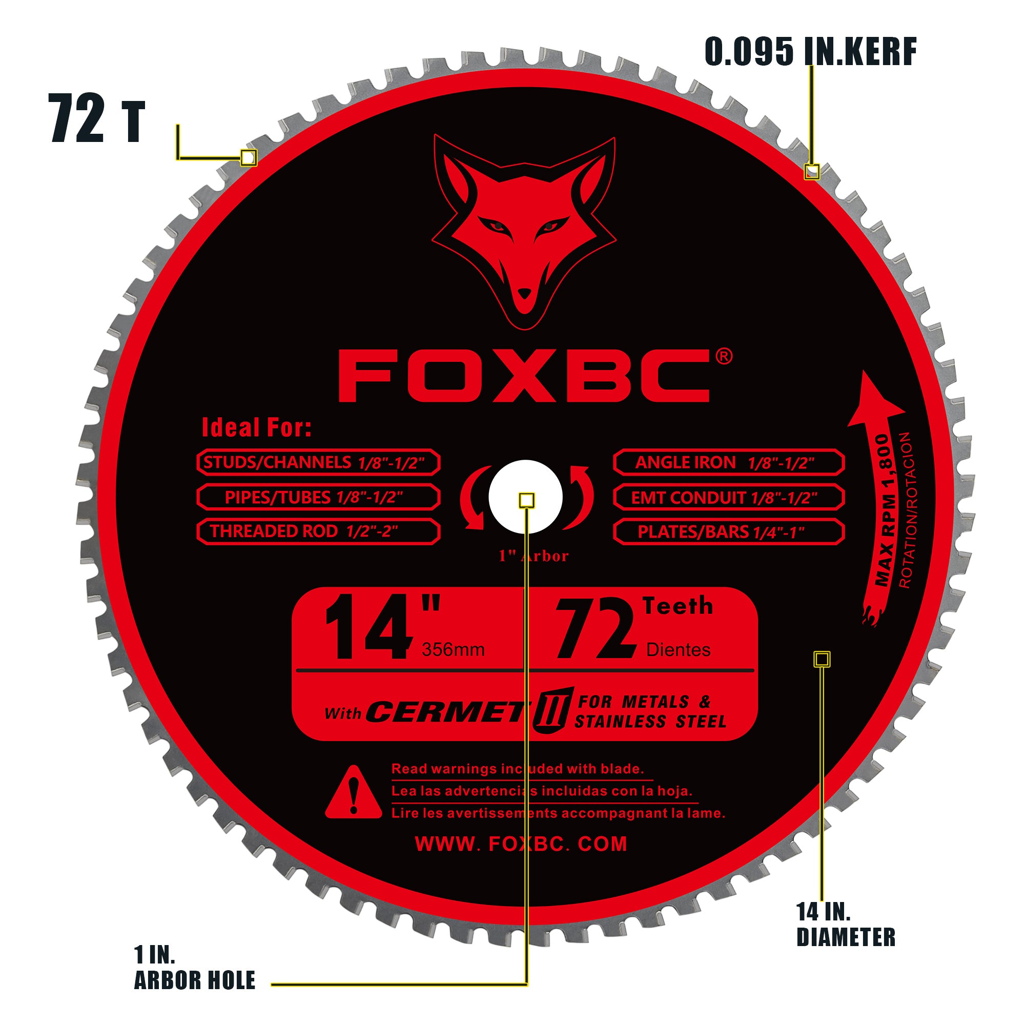 FOXBC 14 Inch Metal Steel Cutting Saw Blade 72 Tooth for Evolution 14