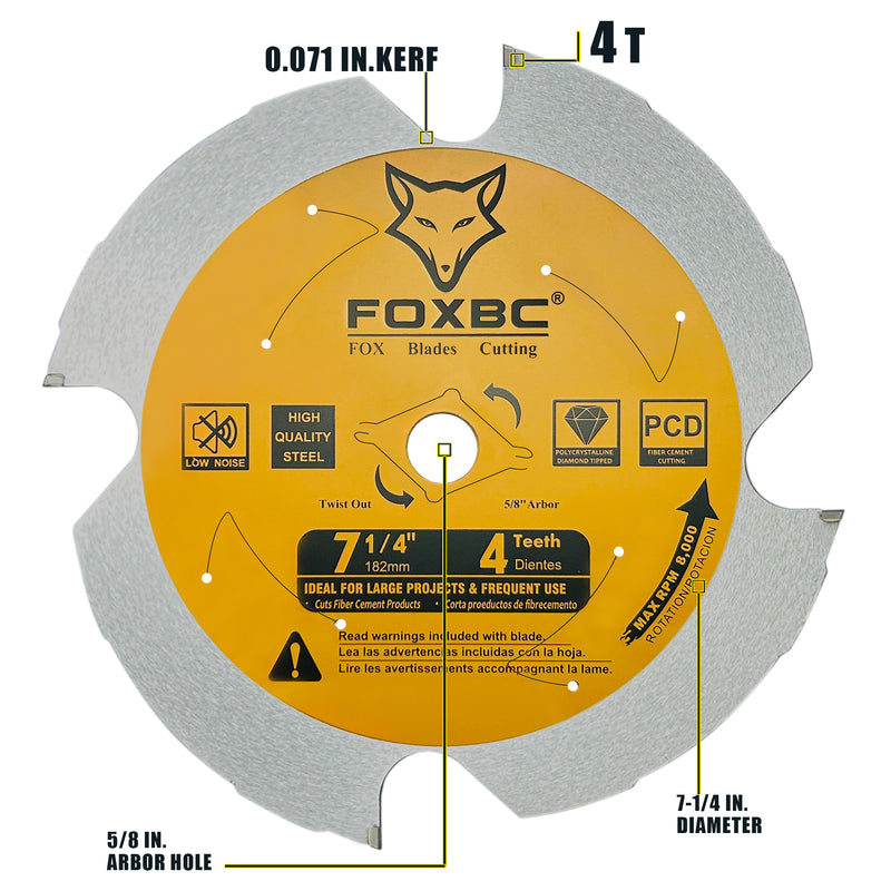 FOXBC Hoja de sierra de fibrocemento Hardie de diamante policristalino (PCD) de 4 dientes de 7-1/4 pulgadas, eje de 5/8