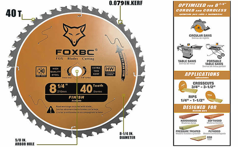 FOXBC 8-1/4" Table Saw Blade 40 Tooth Finishing Circular Saw Blade with 5/8" Arbor, Diamond Knockout