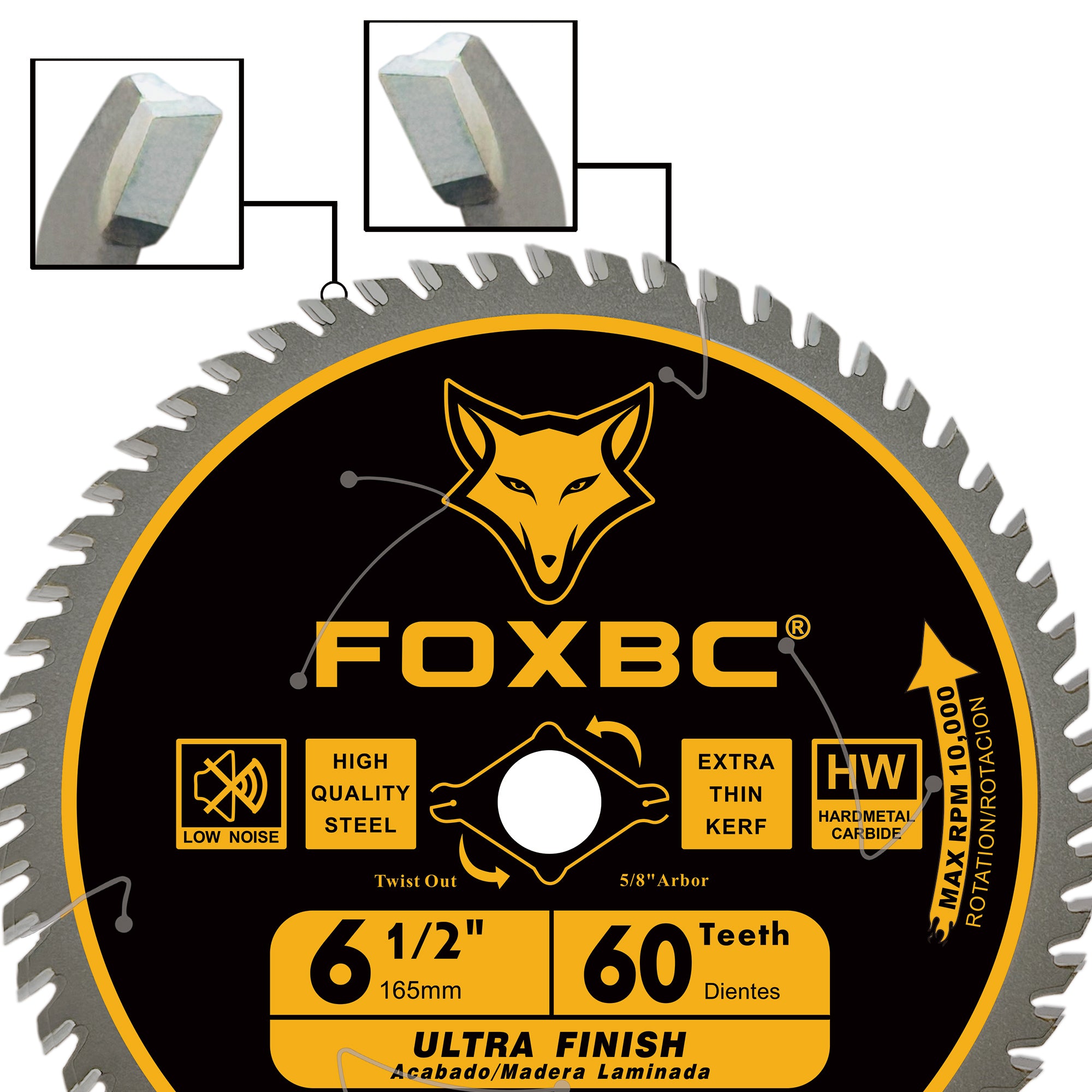 FOXBC Hoja de sierra circular de 6-1/2 pulgadas, acabado ultrafino, 60 dientes para corte de madera, corte fino con eje de 5/8"