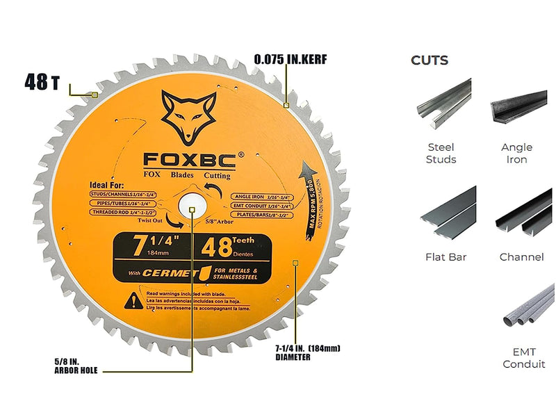 FOXBC Hoja de sierra circular de 7-1/4 pulgadas y 48 dientes para corte de metal y acero inoxidable, repuesto para hoja de sierra de carburo de cerámica Diablo D0748CF