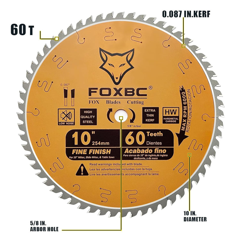 FOXBC 10 Inch Miter/Table Saw Blades 60-Tooth, Thin Kerf Fine Finish Crosscut Blade