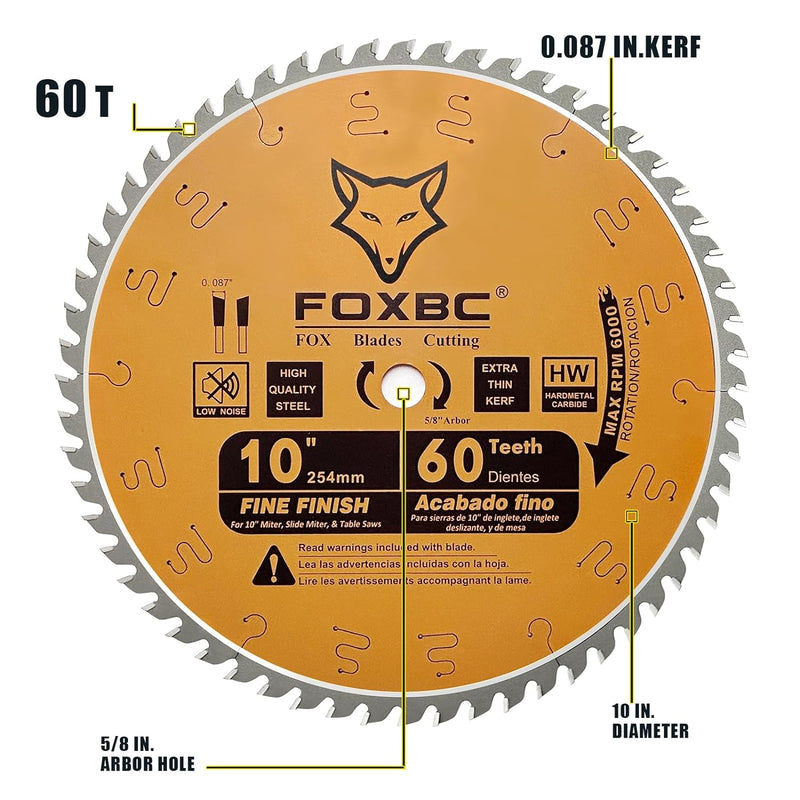 FOXBC 10-Inch Miter/Table Saw Blades 60-Tooth, Thin Kerf Fine Finish Crosscut Blade