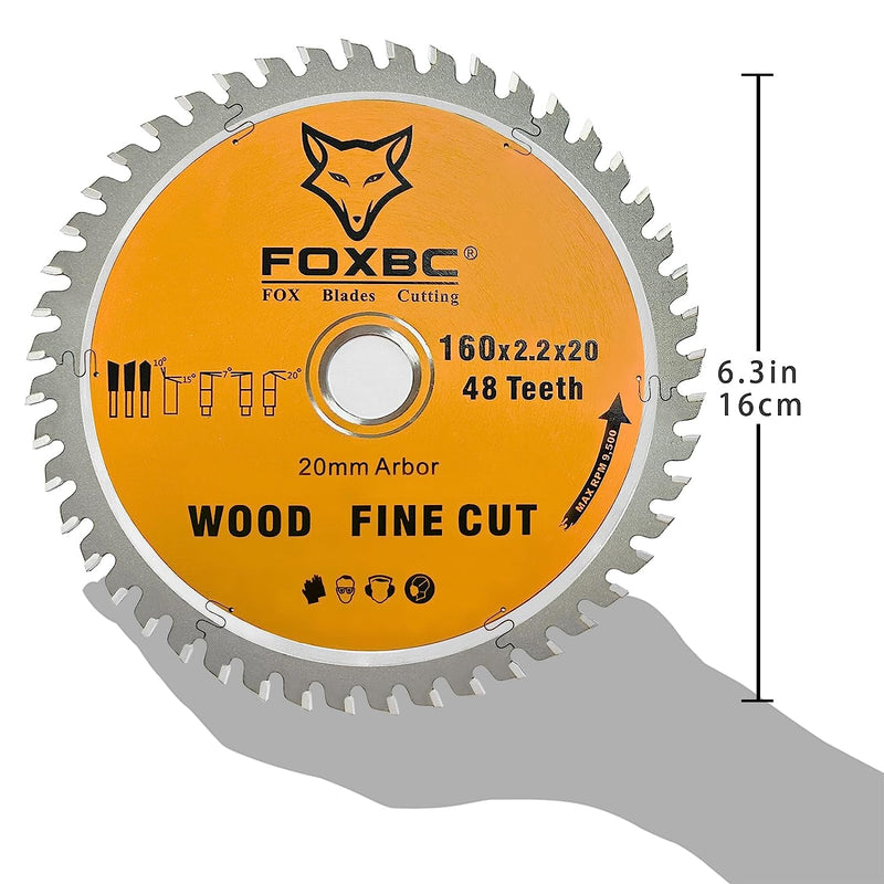 FOXBC 495377 Hoja de sierra de cadena 160x2,2x20mm 48 dientes madera corte fino para Festool TS 55, TSC 55, ATF 55, AP 55, DeWalt DWS520K y Makita SP6000J