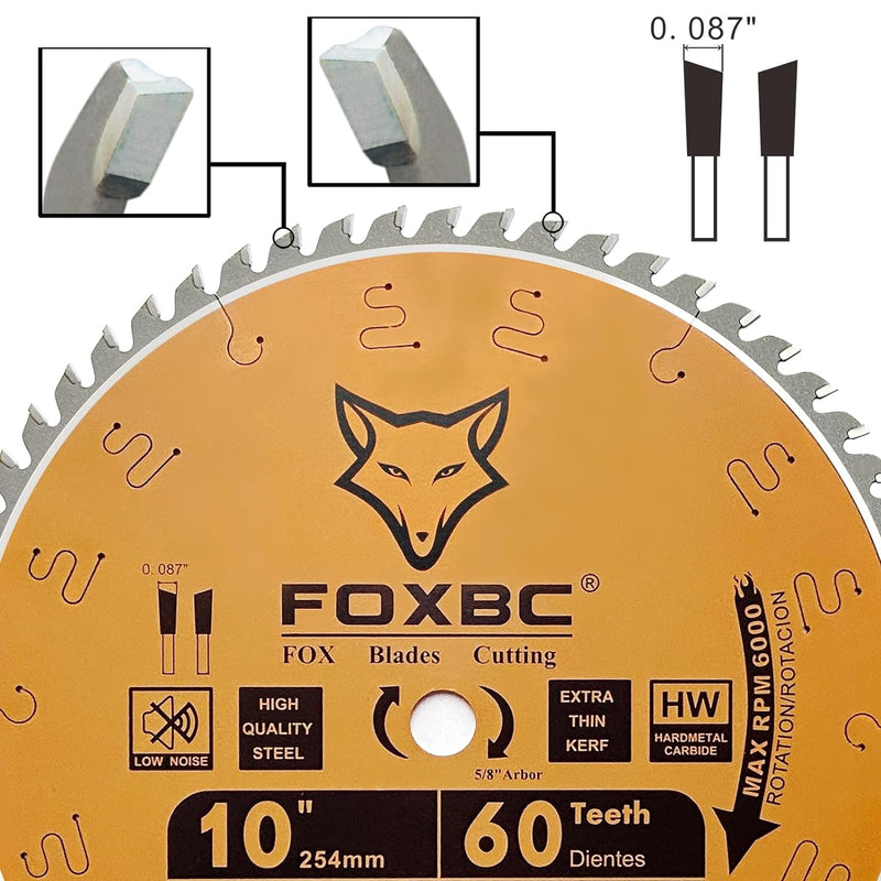 FOXBC 10 Inch Miter/Table Saw Blades 60-Tooth, Thin Kerf Fine Finish Crosscut Blade