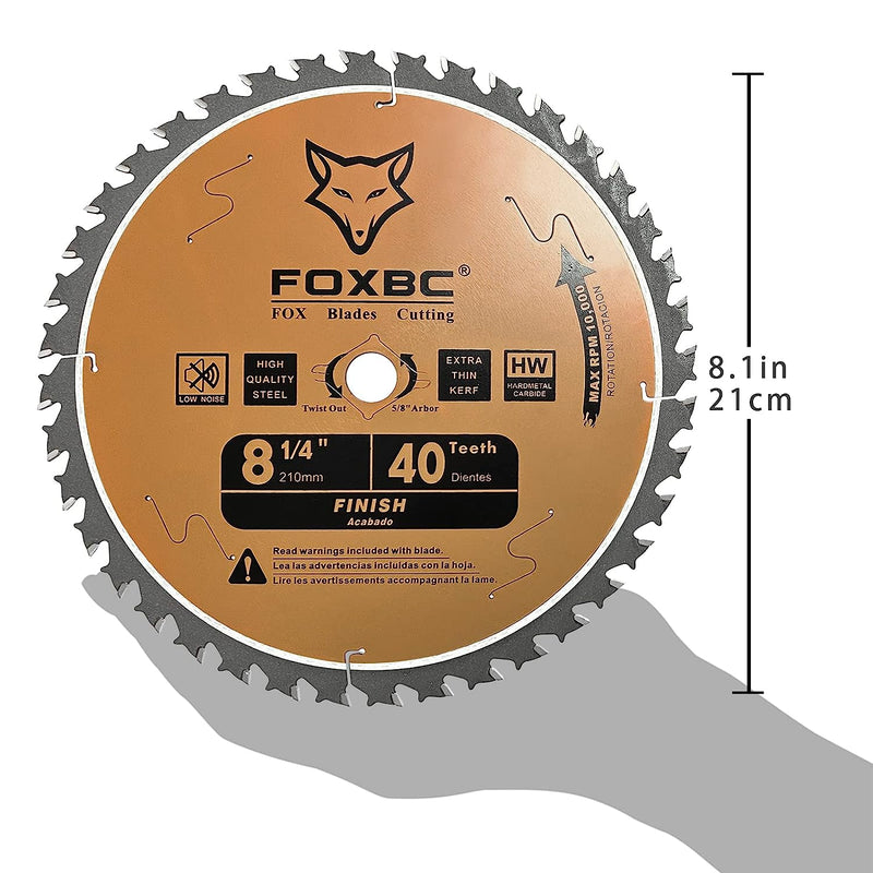 Hoja de sierra de mesa FOXBC de 8-1/4", hoja de sierra circular de acabado de 40 dientes con eje de 5/8", perforación de diamante