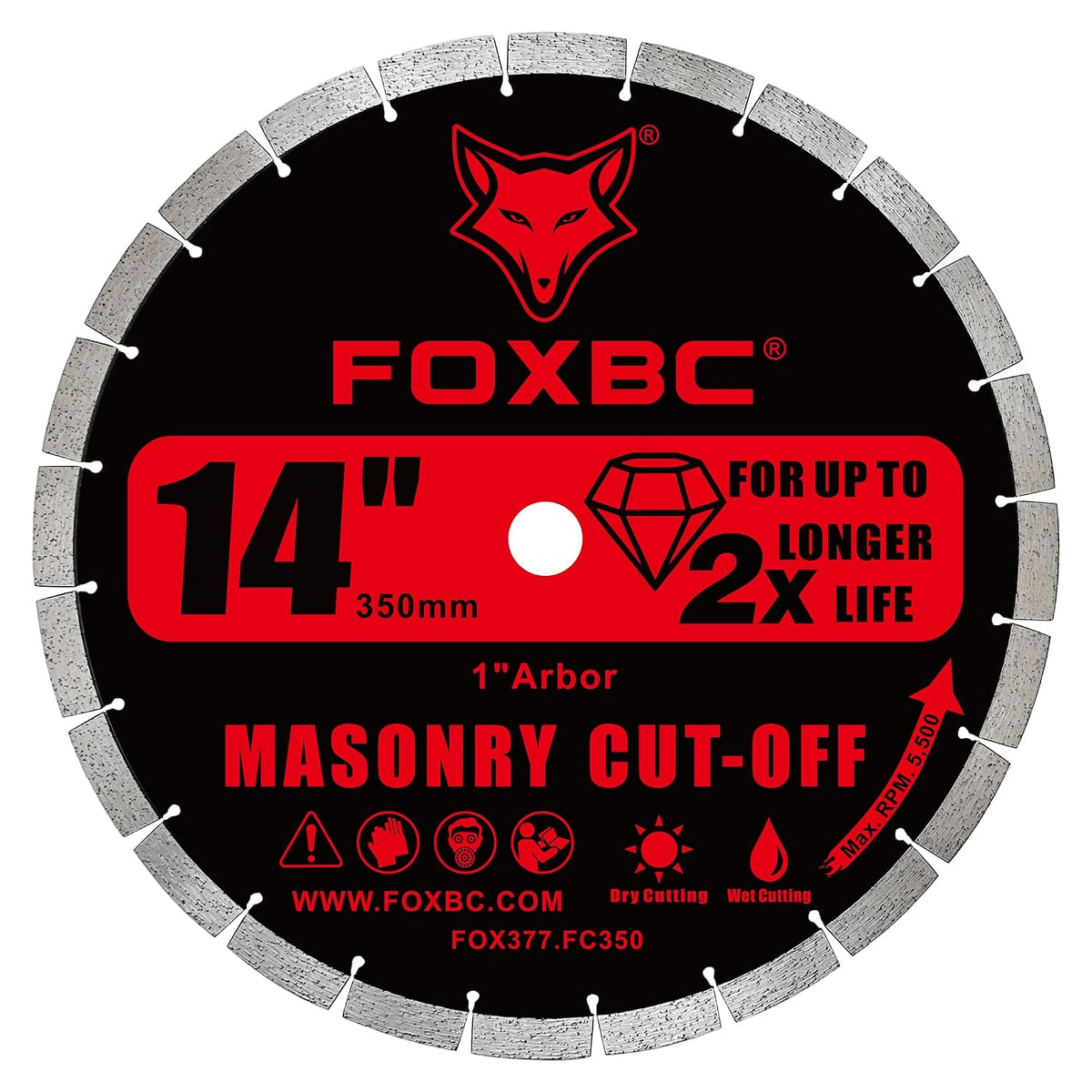 FOXBC 14 Inch Segmented Diamond Saw Blade for Masonry & Concrete, 1" Arbor Heavy-Duty General Purpose Blade for Concrete, Stone, Brick & Block