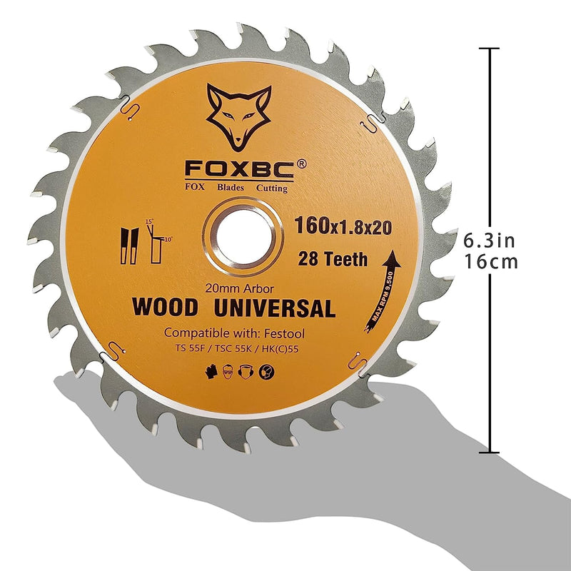 FOXBC 205560 Hoja sierras de cadena 28 dientes 160x1,8x20mm para Festool TS 55 F, TSC 55 K, HK 55 y HKC 55, Madera Universal