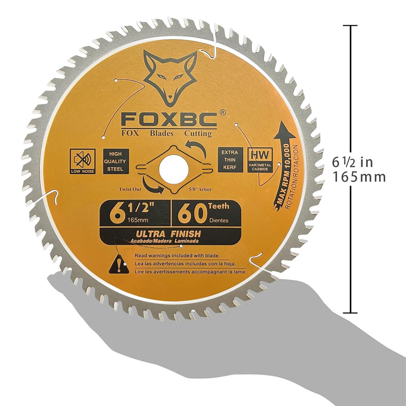 FOXBC Hoja de sierra circular de 6-1/2 pulgadas, acabado ultrafino, 60 dientes para corte de madera, corte fino con eje de 5/8"