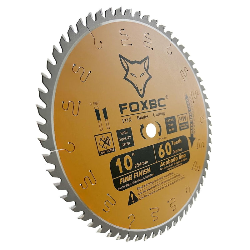 Hojas de sierra de mesa/inglete FOXBC de 10 pulgadas Hoja de corte transversal con acabado fino y corte fino de 60 dientes