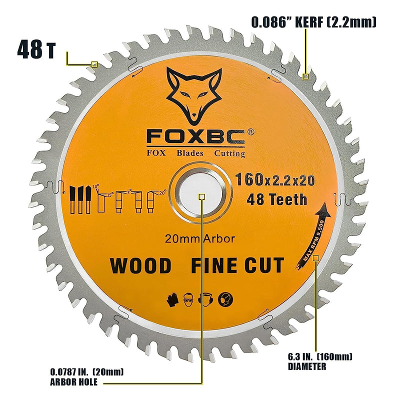 FOXBC 495377 Track Saw Blade 160x2.2x20mm 48 Tooth Wood Fine Cut for Festool TS 55, TSC 55, ATF 55, AP 55, DeWalt DWS520K and Makita SP6000J