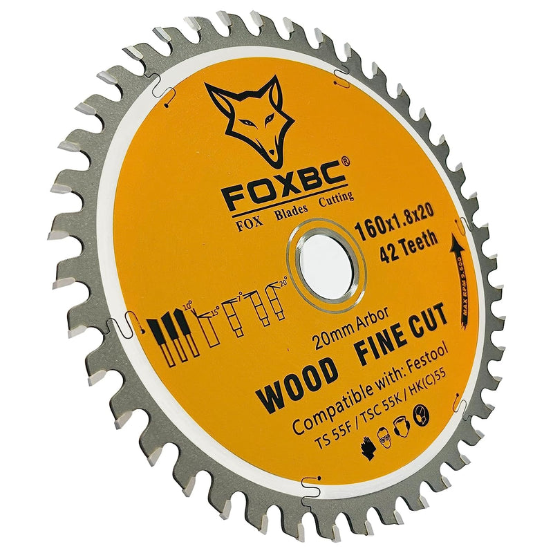 FOXBC 205561 Track Saw Blade 160x1,8x20mm WD42 Tooth Wood Fine Cut for Festool TS 55 F, TSC 55 K, HK 55 and HKC 55