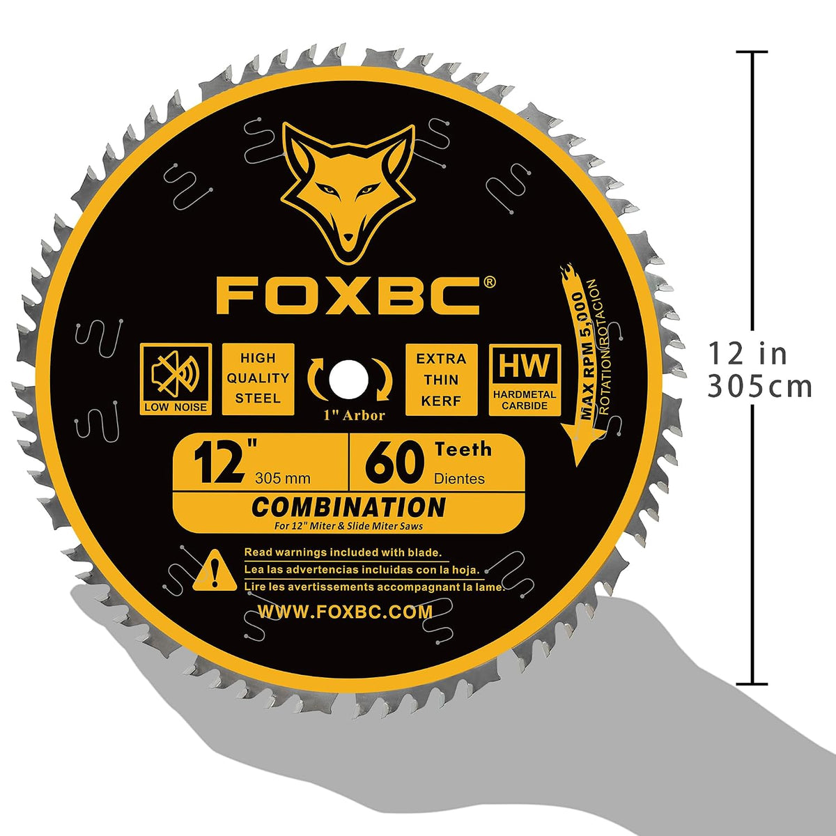 FOXBC 12 Inch Combination Miter Saw Blade, 60-Tooth, Wood Cutting with 1 Inch Arbor