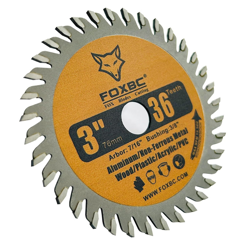 FOXBC 3 Inch Carbide Circular Saw Blade 36 Tooth for Wood, Plastic, PCV, Acrylic, Aluminum with 7/16" Arbor, 3/8" Bushing - 3 Pack