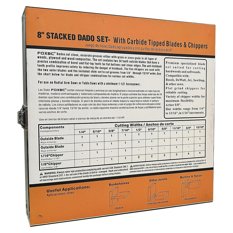 FOXBC 8" Carbide Stacking Dado Blade Set for SawStop, Jet, Dewalt, Bosch Saw - 14 Pieces