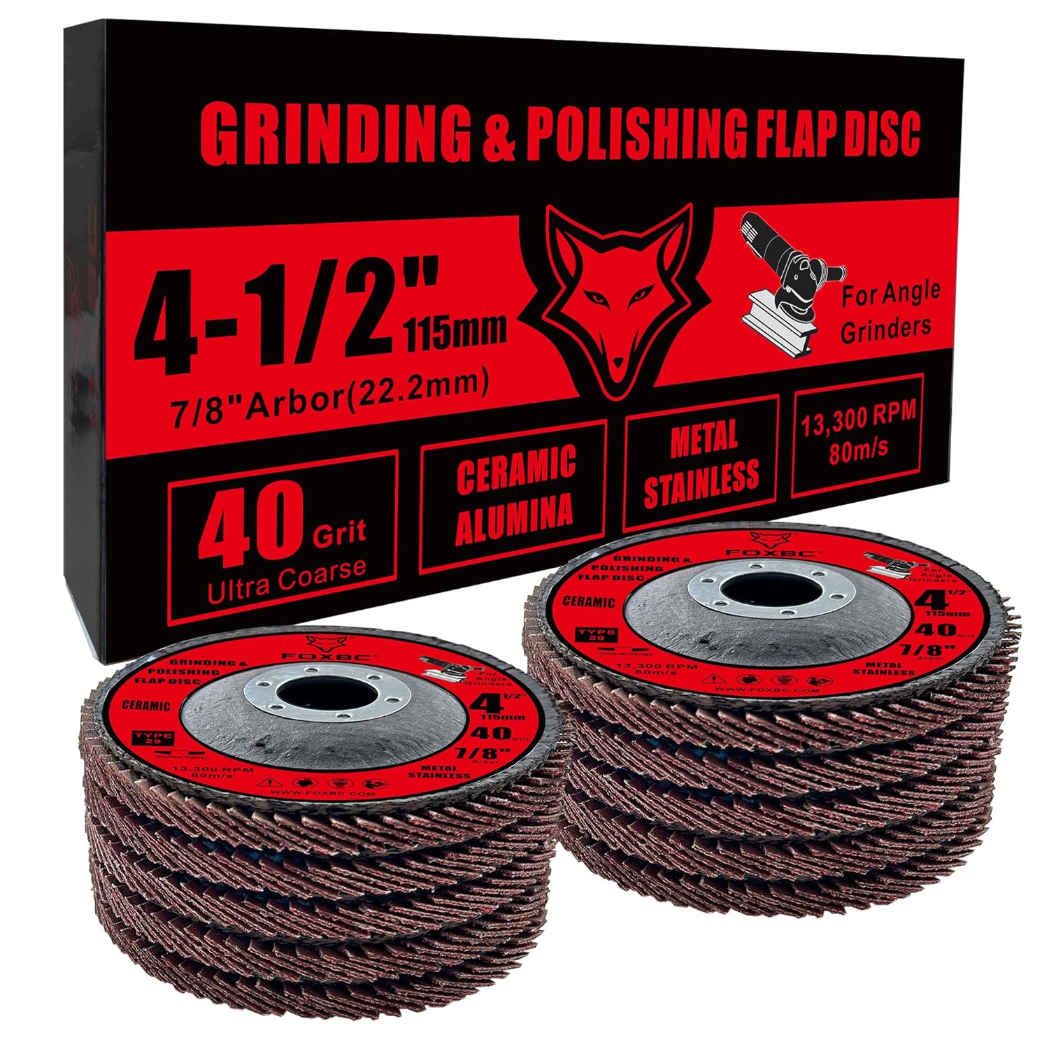 FOXBC 4-1/2 inch Flap Disc for Angle Grinder, 40 Grit, Type 29, Cerami