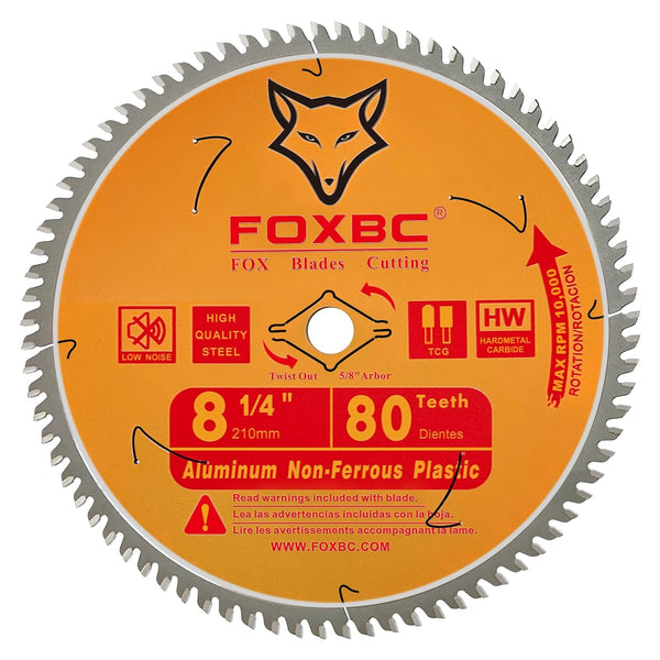 FOXBC 8-1/4 Inch Table Saw Blade 80-Tooth for Aluminum Copper Plastic Brass Fiberglass Cutting with 5/8-Inch Arbor