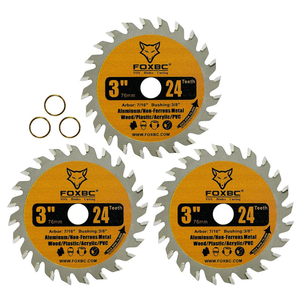 FOXBC 3 Inch 24T Carbide Circular Saw Blade Cuts for Wood, Plastic, PCV, Acrylic, Aluminum with 7/16" Arbor, Compatible with Dremel, Ryobi, Worx, Milwaukee, Dewalt, Ultra-Saws, RotoZip Saws - 3 Pack