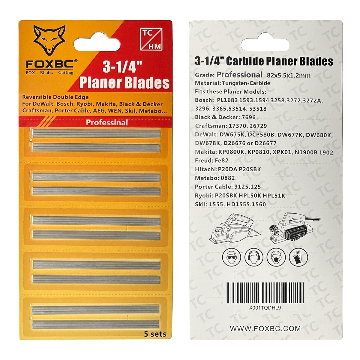 FOXBC 3-1/4 Inch Planer Blades Replacement for DeWalt, Makita, Bosch, Wen 6530, Ryobi, Craftsman and More 3-1/4 Hand Portable Planers - HSS, Carbide - 20 Pack