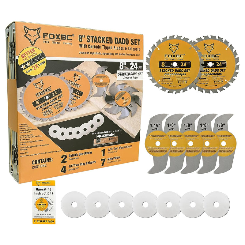 FOXBC Juego de hojas apilables de carburo de 8" para sierra SawStop, Jet, Dewalt, Bosch - 14 piezas