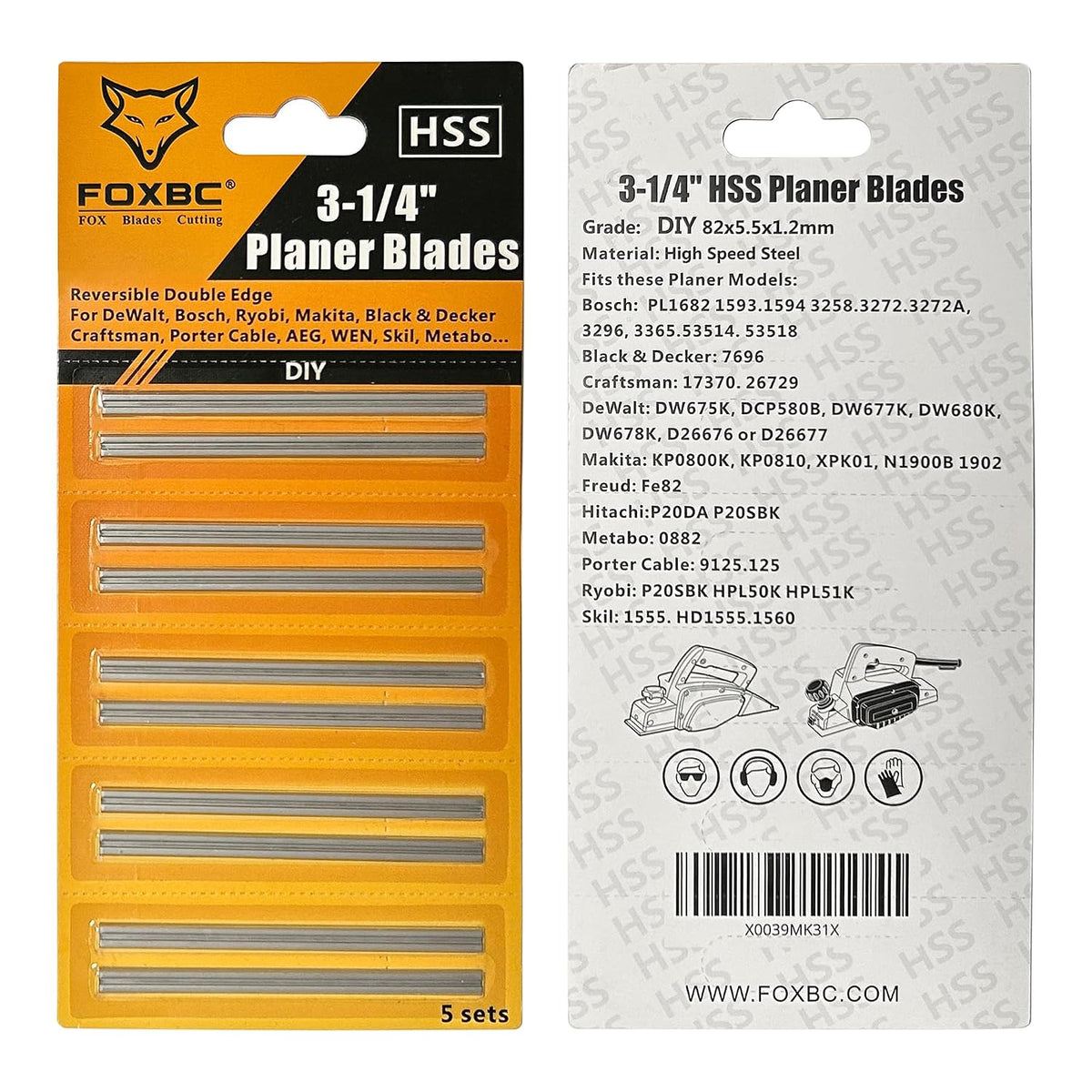 FOXBC 3-1/4 Inch Planer Blades Replacement for DeWalt, Makita, Bosch, Wen 6530, Ryobi, Craftsman and More 3-1/4 Hand Portable Planers - HSS, Carbide - 20 Pack