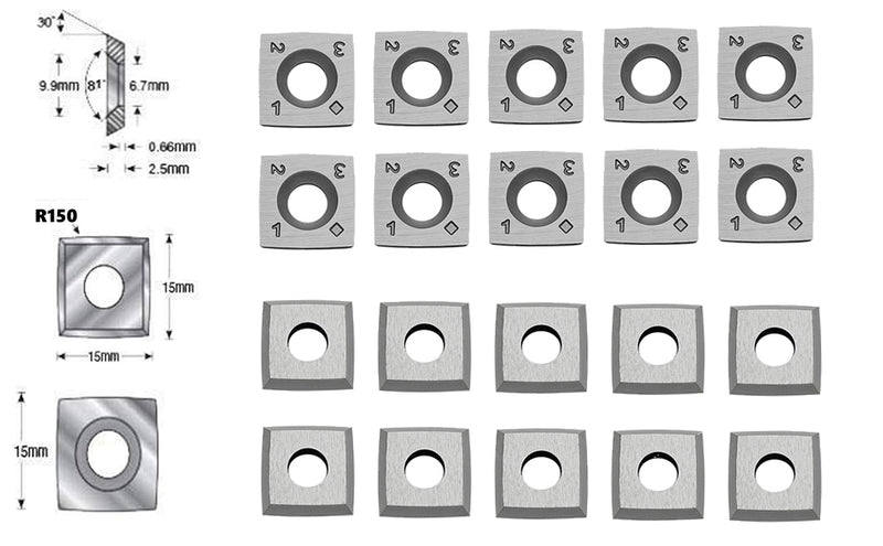 FOXBC 15x15x2.5mm R150 Carbide Inserts Knife for Sheartak Spiral Cutterhead and Ci1-R4 Easy Wood Woodturning Tool - 10 Pack