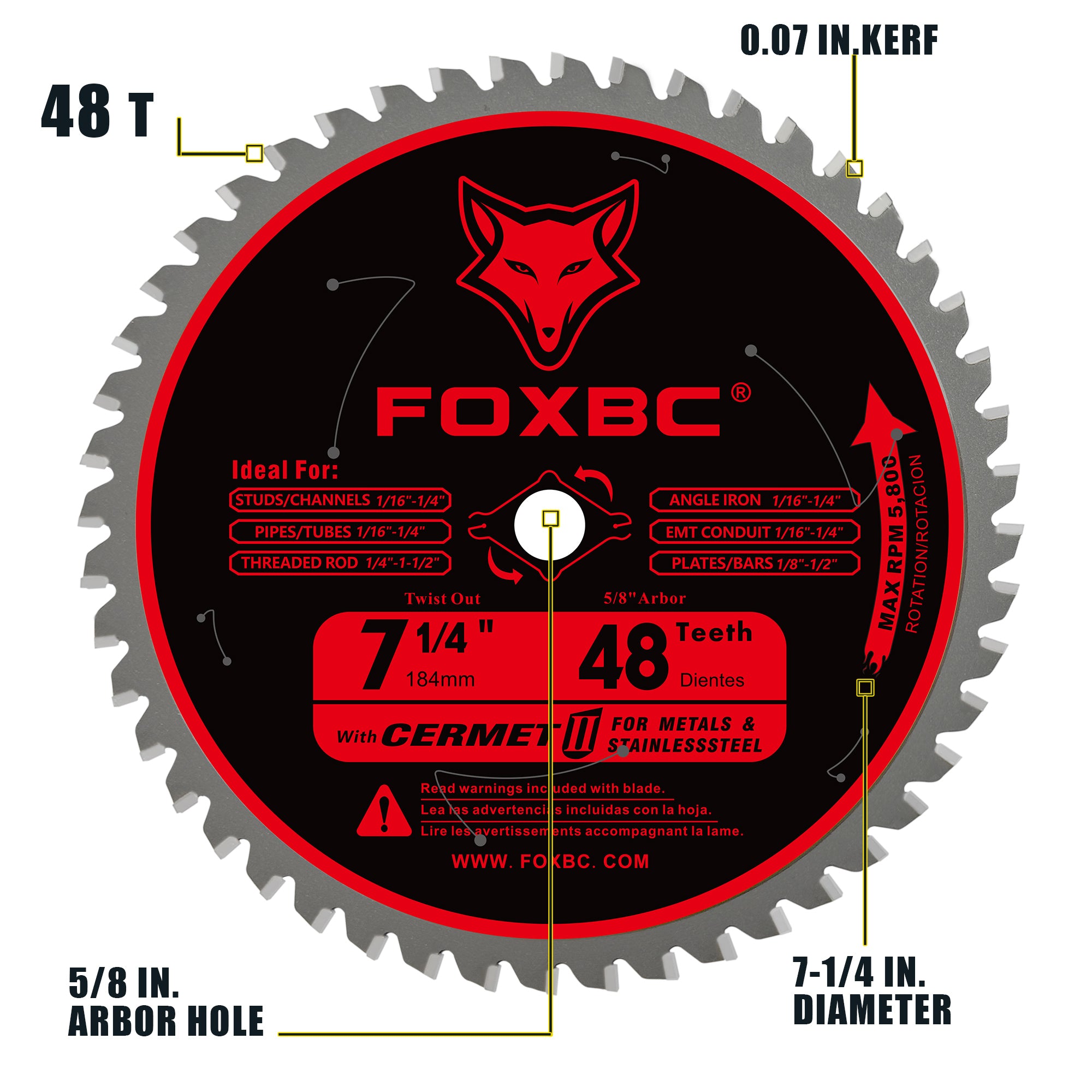 FOXBC 7-1/4 inch 48 Teeth Circular Saw Blade for Metal and Stainless S