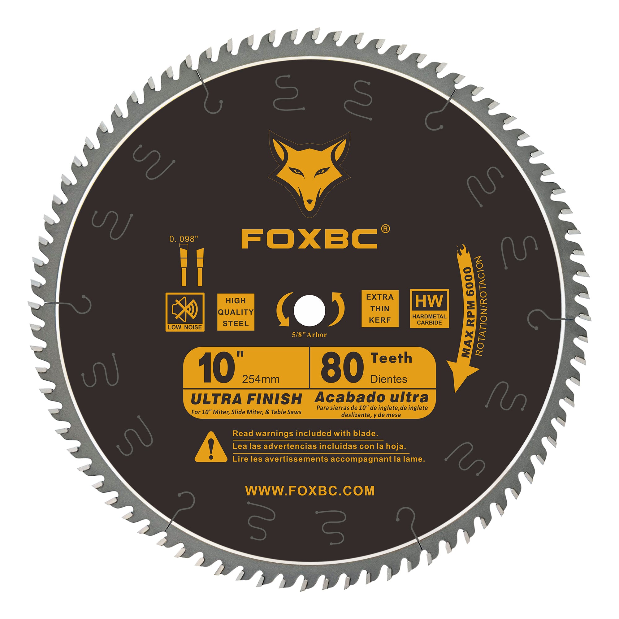 Hojas de sierra de mesa FOXBC de 10 pulgadas, 80 dientes, hoja de acabado fino con eje de 5/8 pulgadas