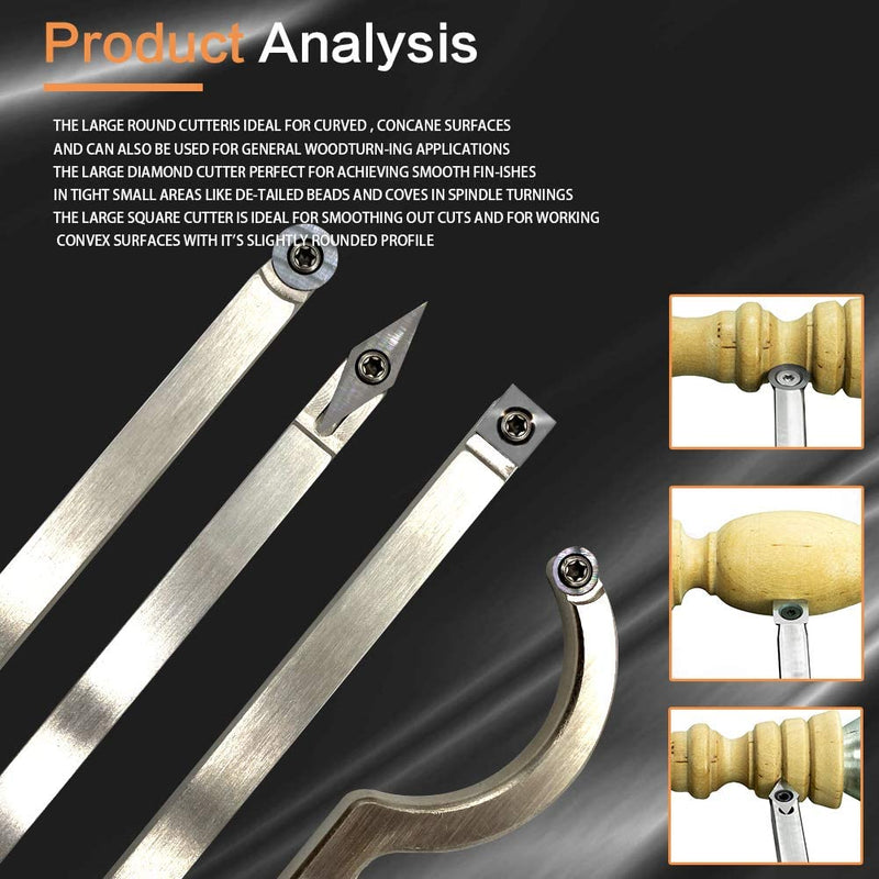 Wood Turning Tools Set Carbide Tipped Lathe Rougher Finisher Swan Neck Hollowing Tools and Interchangeable Aluminum Alloy Grip Handle with Diamond Round Square Carbide Inserts