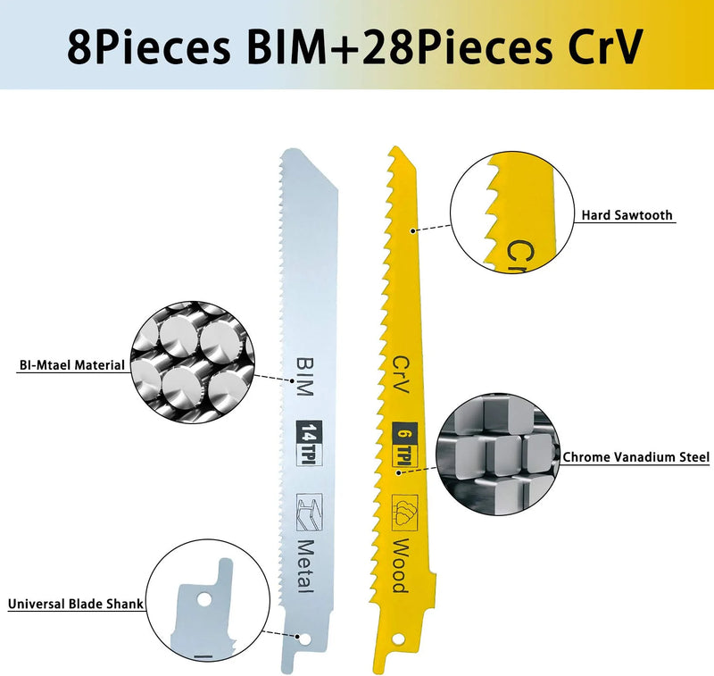 Reciprocating Saw Blades for Wood, Metal, Plastic Cutting Set. for DEWALT, Bosch, Makita, Milwaukee, Skil, Craftsman, Porter-Cable, Ryobi, Ridgid, Black&Decker and more