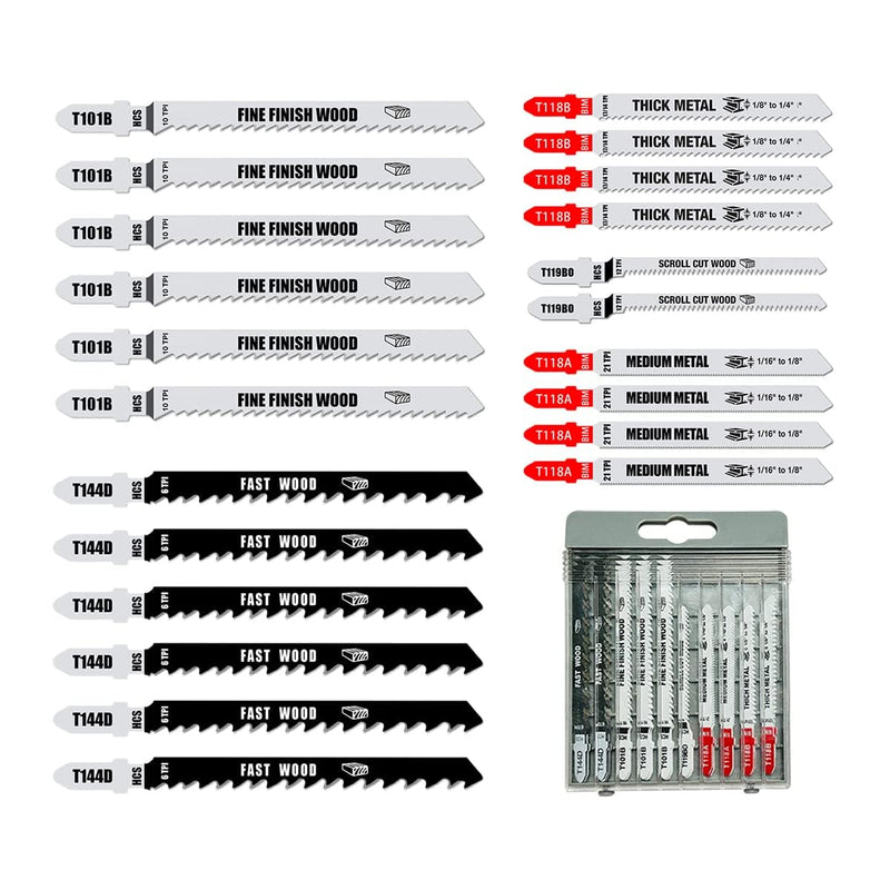 FOXBC T-Shank Jigsaw Blade Set for Wood & Metal - 22 Piece with Case