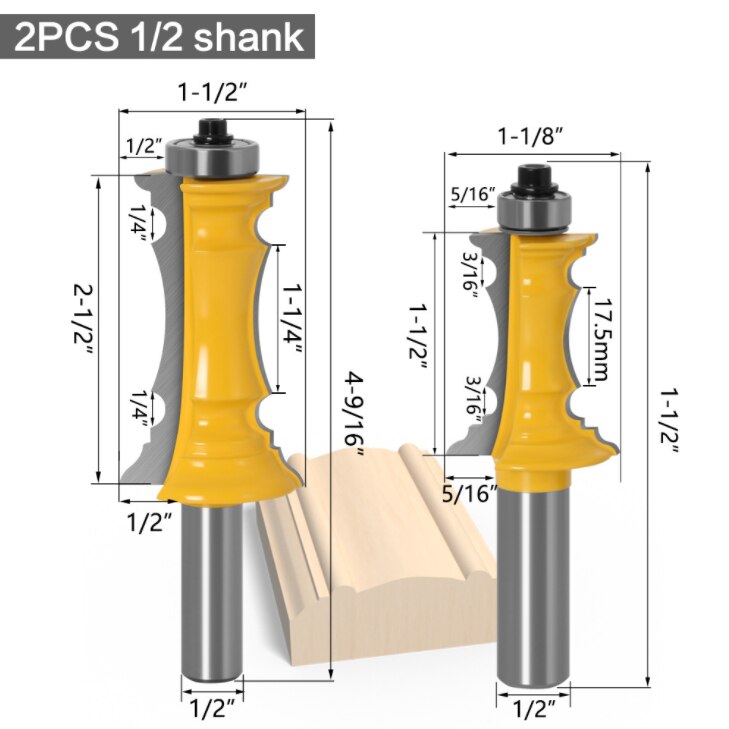 Juego de brocas enrutadoras de 2 uds, cortador de molduras de madera para carpintería con vástago de 1/2 pulgada, brocas enrutadoras para puertas de gabinetes con paneles ingleteados