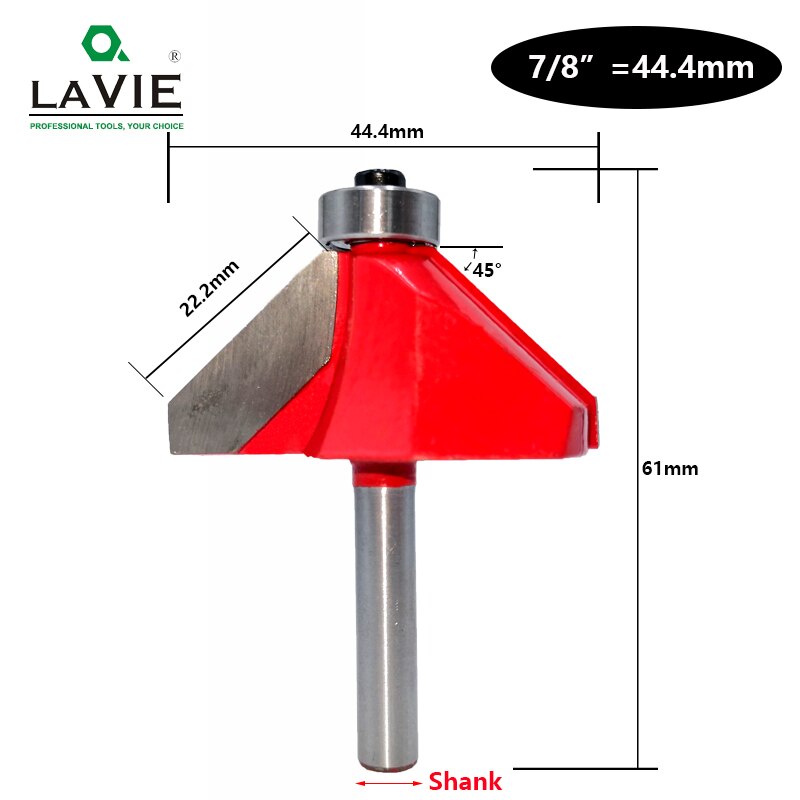 Broca enrutadora de chaflán de 45 grados, vástago de 6mm y 6,35mm, cortador de fresado para carpintería biselado