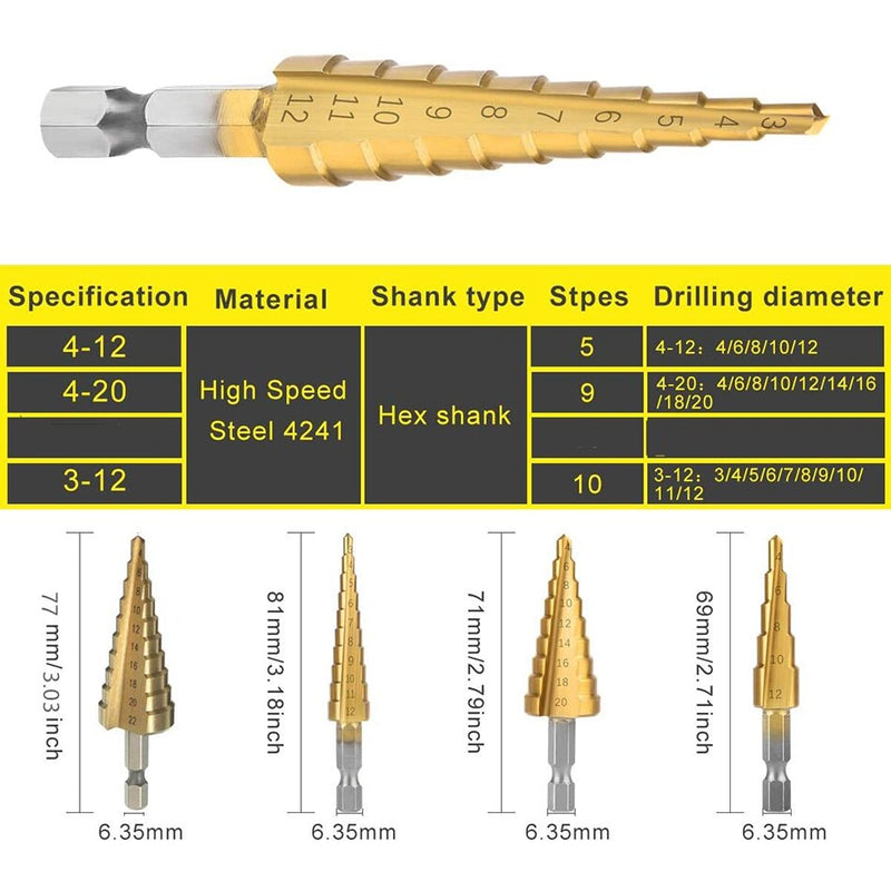 3PCS 3-12mm 4-12mm 4-20mm HSS Straight Groove Step Drill Bit Hexagonal Handle Titanium Coated Metal Core Drill Bit Set