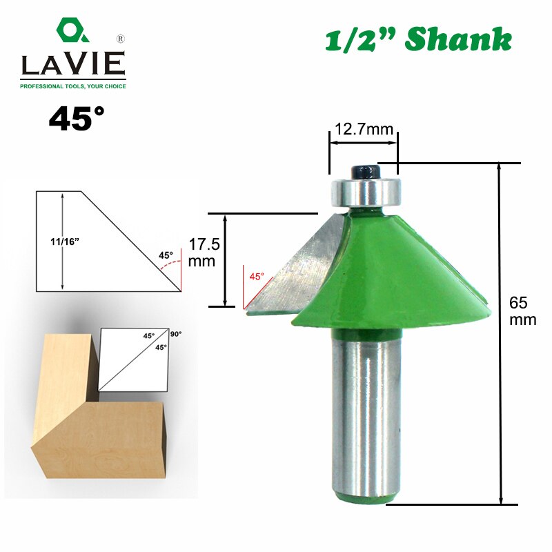 1pc 12MM 1/2 "vástago chaflán Router Bit 11,25 15 22,5 30 45 grados fresa para máquina de madera