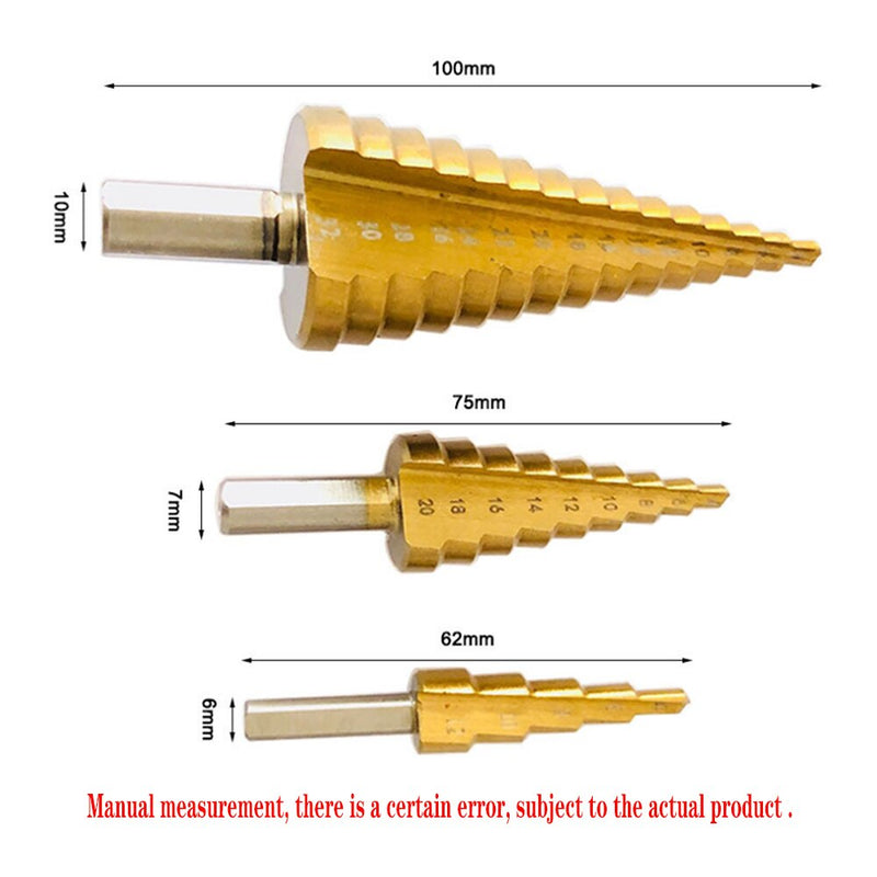 HSS Titanium Step Drill Bit Set Cone Hole Cutter Taper Metric Titanium Coated Metal Hex Core Drill Bits Cone Drill