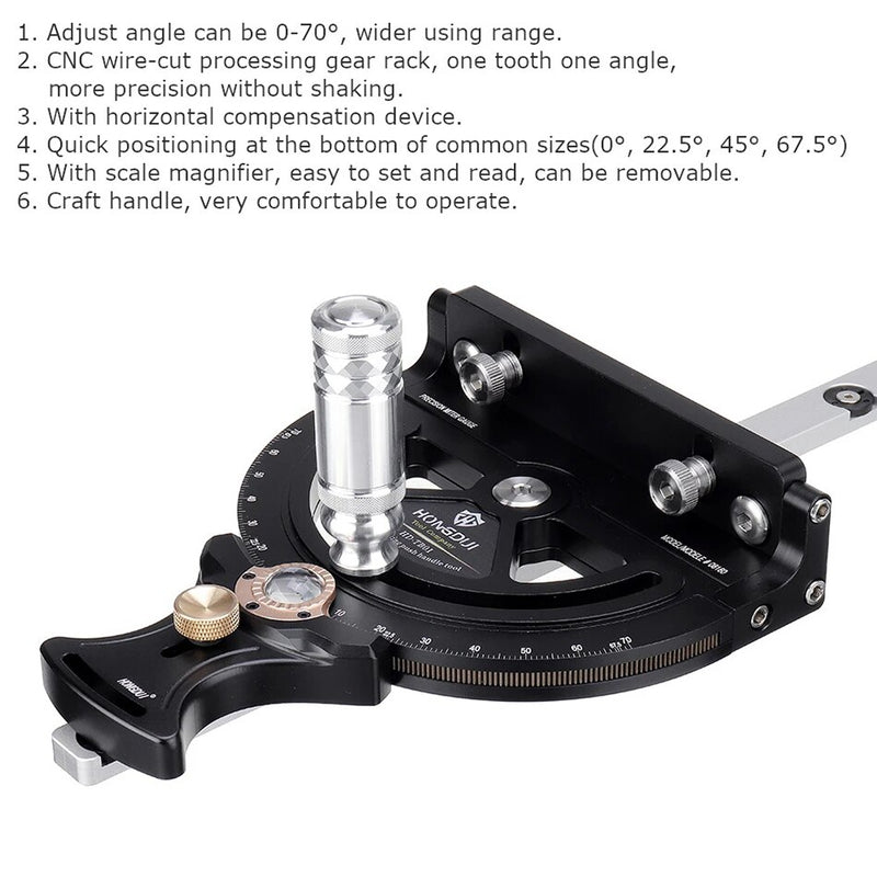 Precision Miter Gauge 0-70 Degree Woodworking Table Saw Push Handle Assembly Angle Ruler with 0° 22.5° 45° 67.5° Setting