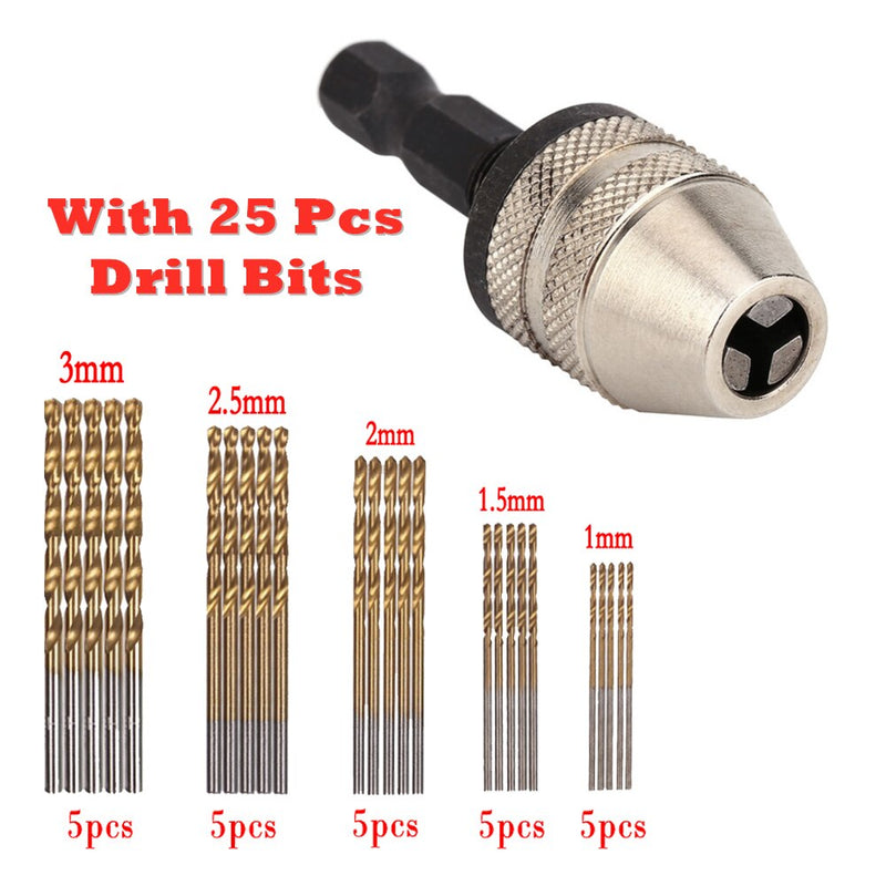 Keyless Drill Chuck Screwdriver Impact Driver Adaptor Drill Bit Tool Quick Change Convertor Adapter With 25Pcs Drill Bits