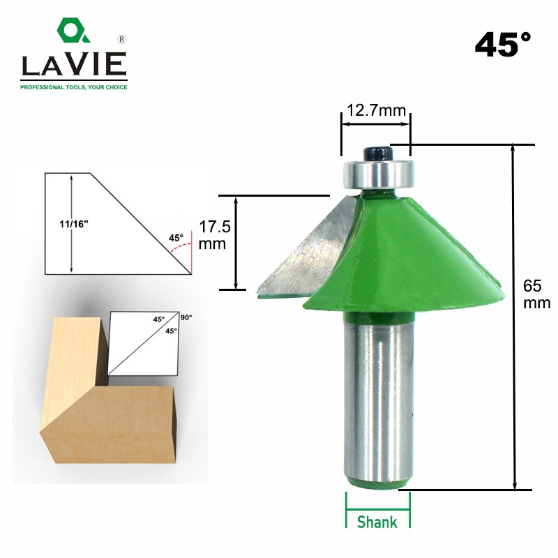 1pc 12MM 1/2 "vástago chaflán Router Bit 11,25 15 22,5 30 45 grados fresa para máquina de madera